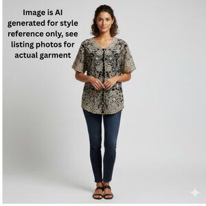 SALOOS Embroidered/Cut Work Blouse Button Front Short Sleeve, Black/Cream - XL